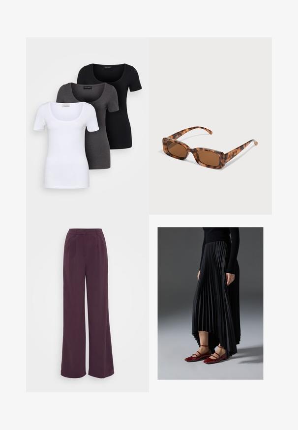 Kolm mugavat T-särki valges, hallis ja mustas värvitoonis. Igal särgil on lai madal kaelus ja lühikesed varrukad. Valmistatud siledast, venivast kangast.; Laiad jalad sügavas lillakas kangas. Omab kohandatud vöökohtadega plekke. Sile tekstuur ilma nähtavate mustrite või riistade. ; Mustmust seelik kõrgema ees- ja madalama taga servaga, kombineeritud läikivate punaste sussidega, millel on rihma kujundus. Kangas on sileda tekstuuriga.; Kilpkonna kestaga prillid, millel on ristkülikukujulised pruuni värvi objektiivid, paks raam ja peened käed, millel on erinevate pruunide toonide muster.