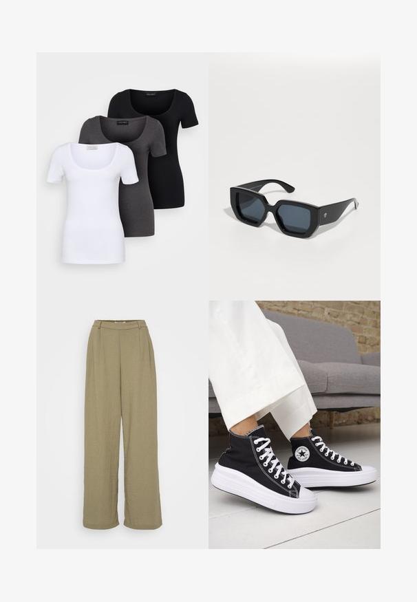 Three fitted T-shirts in white, gray, and black. Each features a wide scoop neckline and short sleeves. Made from smooth, stretchy fabric.; Olive green wide-leg trousers made of textured fabric, featuring a high waist and pleated front detailing. Simple and relaxed design.; Black high-top sneakers with white rubber soles and laces. Features a round logo patch and contrasting white stitching. Canvas material.; Black oversized sunglasses with a geometric design, rectangular lenses, and glossy finish. No visible branding on the front.