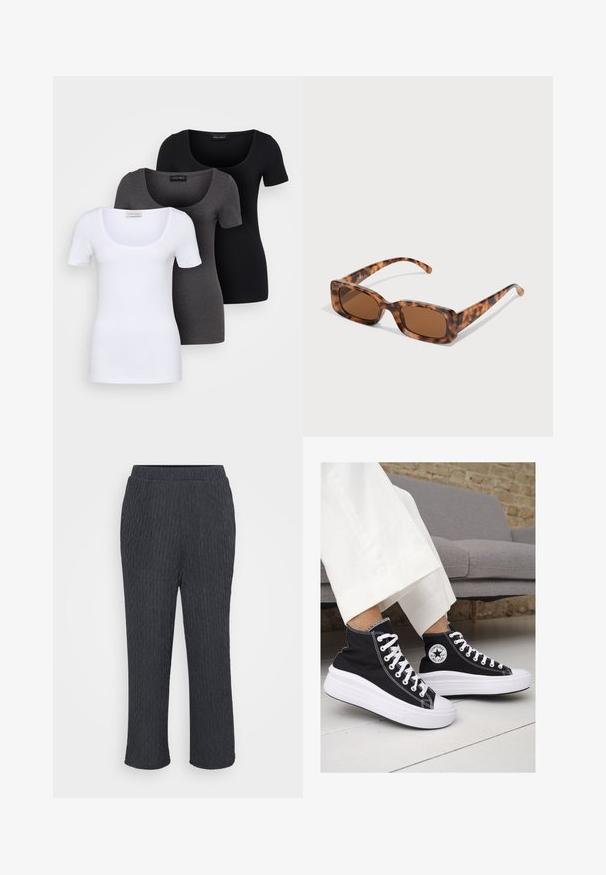 Tri fitted T-shirtovi u bijeloj, sivoj i crnoj boji. Svaki ima široki izrez na vratu i kratke rukave. Napravljen od glatkoga, rastezljivog materijala.; Tamno sive hlače s teksturiranim, rebrastim dizajnom, s elastičnom stražnjom trakom i suženim nogavicama. Izrađene su od laganog, mekog materijala.; Crne platnene visoke tenisice s bijelim gumiranim potplatima i vezicama. Imaju kružni logo sa strane i kontrastne bijele šavove.; Naočale u obliku tortoiseshella s pravokutnim smeškim lećama, debelim okvirom i tankim nogicama koje imaju uzorak od različitih nijansi smeđe boje.; Zlatne kružne naušnice s glatkim, zaobljenim dizajnom i sjajnom završnom obradom. Lagana konstrukcija s sigurnim kopčanjem.