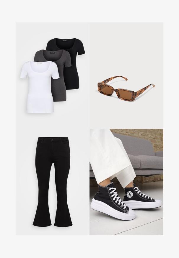 Three fitted T-shirts in white, gray, and black. Each features a wide scoop neckline and short sleeves. Made from smooth, stretchy fabric.; Black flared jeans featuring a fitted waist, standard five-pocket design, and smooth denim texture with a subtle stretch.; Black high-top sneakers with white rubber soles and laces. Features a round logo patch and contrasting white stitching. Canvas material.; Tortoiseshell sunglasses with rectangular brown lenses, a thick frame, and slim arms featuring a pattern of varying shades of brown.