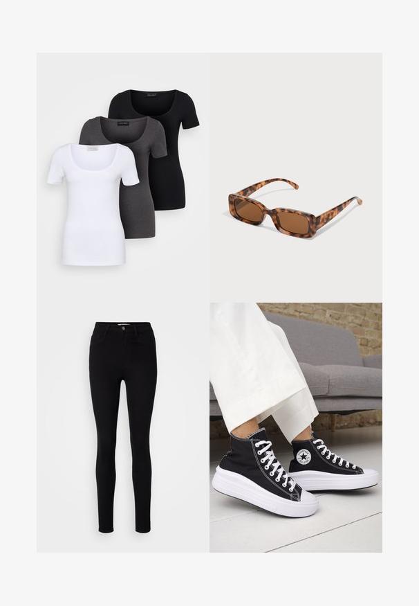 Kolme istuvaa T-paitaa valkoisena, harmaana ja mustana. Jokaisessa on leveä avara pääntie ja lyhyet hihat. Valmistettu sileästä ja joustavasta kankaasta.; Mustat korkeat skinny-farkut, valmistettu denimiestä. Includes five pockets and a front metal button closure. Sujuva rakenne, jossa on tiukka muoto.; Mustat korkeavartiset tennarit, joissa valkoiset kumipohjat ja nauhat. Koristettu pyöreällä logotarralla ja valkoisilla kontrastisaumoilla. Materiaali on canvas.; Aurinkoaurinkolasit kilpikonnakuosisilla, suorakulmaisilla ruskeilla linsseillä, paksulla kehysrakenteella ja ohuilla varsilla, joissa on vaihtelevaa ruskean sävyä.