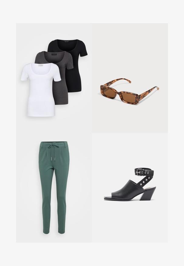 Trys priderinti marškiniai: balti, pilki ir juodi. Kiekvienas turi plačią apvalią iškirptę ir trumpas rankoves. Pagaminti iš lygaus, tamprių audinio.; Žalios, lieknos kelnės su raišteliu juosmens srityje, pagamintos iš švelnaus audinio. Priekyje turi klostes ir siaurėjančias kojas.; Atidarytos nosinės juodos odinės aukštakulnės šlepetės su kulkšnies dirželiu, turinčios sagtį ir sidabrinius studai ant dirželio, su blokuoto tipo kulnu.; Vėžlio kiauto saulės akiniai su stačiakampiais rudi objektyvais, storu rėmu ir siaurais rankenėlėmis, dekoruotomis skirtingų atspalvių ruda spalva.