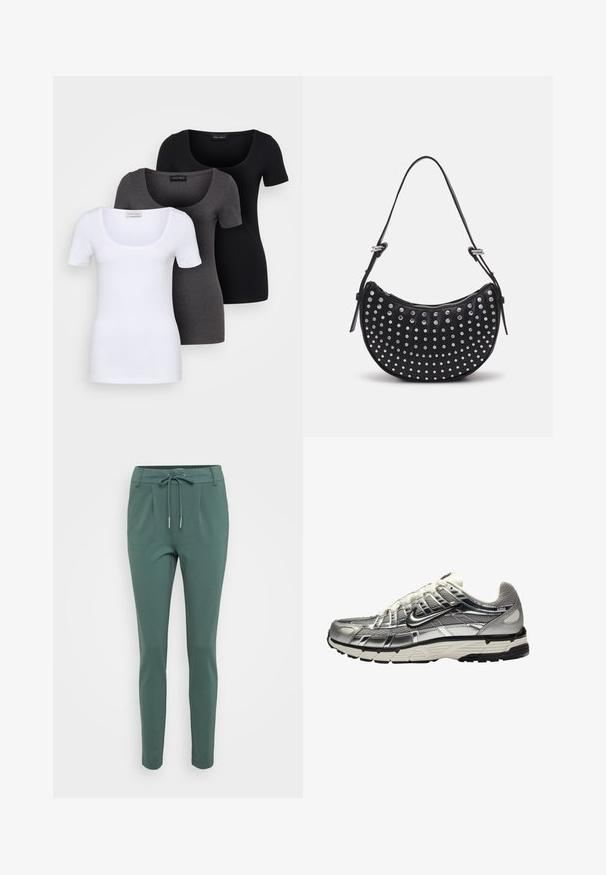 Three fitted T-shirts in white, gray, and black. Each features a wide scoop neckline and short sleeves. Made from smooth, stretchy fabric.; Green, slim-fit pants with a drawstring waist, made from soft fabric. Features pleats on the front and tapered legs.; Silver and black athletic shoe with a mesh and synthetic upper, voluminous design, and a textured finish. Features a padded collar and rubber sole.; Call it Spring SPARKLINA - Handbag - black