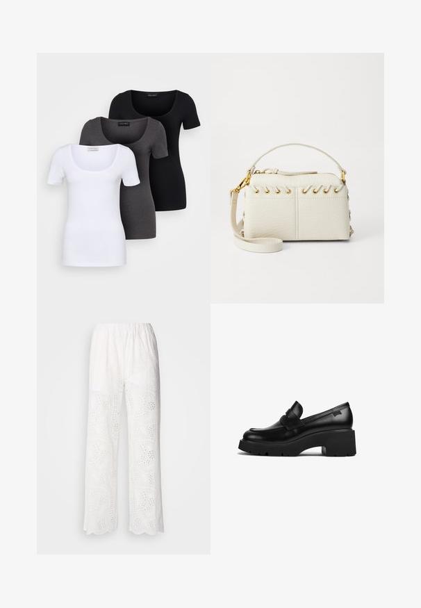 Tre tætsiddende T-shirts i hvid, grå og sort. Hver af dem har en bred scoop-udskæring og korte ærmer. Fremstillet af glat, strækbart stof.; Hvide bomuldsbukser med tætsiddende kant, der har broderede hulmønstre og en afslappet pasform, designet med elastisk talje for komfort.; Sorte læder loafers med chunky hæl, tyk sål og en remdetalje henover, vist fra siden på en hvid baggrund.; Hvid faux læder taske med en lynlås i toppen, et kort håndtag og en aftagelig crossbody-rem med guldfarvet hardware. Side snøring detalje.; Sølv hoop ørestik med en poleret overflade, prydet med små guld accenter og en rund form, båret på øreflippen.
