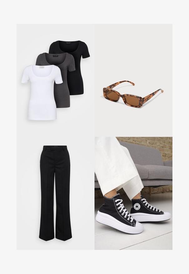 Trei tricouri ajustate, în alb, gri și negru. Fiecare are un decolteu larg în formă de cerc și mâneci scurte. Fabricate dintr-un material neted și elastic.; Gina Tricot Tall STRAIGHT TROUSERS - Pantaloni - black; Adidași negri înalți cu tălpi și șireturi albe din cauciuc. Prezintă o pată logo rotundă și cusături albe contrastante. Material din pânză.; Ochelari de soare cu rama țestoasă, cu lentile rectangulare maro, o ramă groasă și brațe subțiri, prezentând un model cu nuanțe variate de maro.