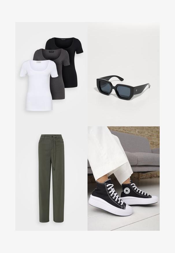 Trīs pieguļoši T-krekli baltā, pelēkā un melnā krāsā. Katram ir plaša izgriezuma kakla un īsas piedurknes. Izgatavoti no gluda, elastīga auduma.; Zaļas platas kāju bikses, izgatavotas no viegla auduma, ar jostu viduklī, priekšējām kabatām un gludu tekstūru.; Melnas augstās topa kedas ar baltām gumijas zolēm un auklām. Tās ir ar apaļu logotipa uzšuvumu un kontrastējošām baltām šuvēm. Materiāls no kanvas.; Melnas lielas saulesbrilles ar ģeometrisku dizainu, taisnstūrveida lēcas un spīdīgu apdari. Uz priekša nav redzama zīmola.