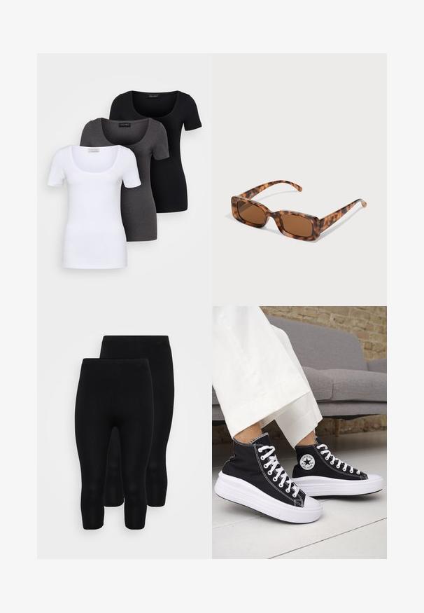 Tre figurerte T-skjorter i hvit, grå og svart. Hver har en bred scoop-nakke og korte ermer. Laget av glatt, elastisk stoff.; Sorte stretch leggings i en sømløs design, med lengde til midten av leggen, glatt tekstur og elastisk midjebånd for komfort.; Svarte høye sneakers med hvite gummisåler og lisser. Har et rundt logo-merke og kontrasterende hvite sømmer. Laget av lerret.; Skilpadde-solbriller med rektangulære brune linser, en tykk ramme og smale stenger som har et mønster av varierende nyanser av brunt.
