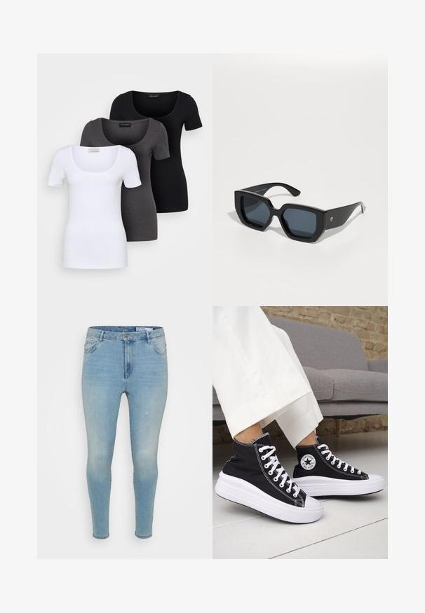 Tri prilegla majica v beli, sivi in črni barvi. Vsaka ima širok izrez na vratu in kratke rokave. Narejene so iz gladkega, raztegljivega materiala.; Svetlo modri kavbojki z ožjim krojem, z mid-rise pasom, klasično pet-pocket zasnovo in diskretnimi obrabljenimi podrobnostmi na sprednji strani.; Črni visoki supergi z belimi gumijastimi podplati in vezalkami. Na njih je okrogel logotip in kontrastno belo šivanje. Iz blaga platna.; Črne velike sončne očala z geometrijskim dizajnom, pravokotnimi lečami in sijočo površino. Brez vidne blagovne znamke spredaj.