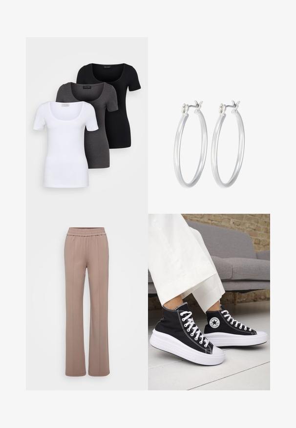 Three fitted T-shirts in white, gray, and black. Each features a wide scoop neckline and short sleeves. Made from smooth, stretchy fabric.; Pants made of soft, light brown fabric with a wide leg design. Features an elastic waistband and two front crease lines.; Black high-top sneakers with white rubber soles and laces. Features a round logo patch and contrasting white stitching. Canvas material.; Silver hoop earrings with a smooth, polished finish. Round shape and secure click-top closure. Lightweight design suitable for everyday wear.