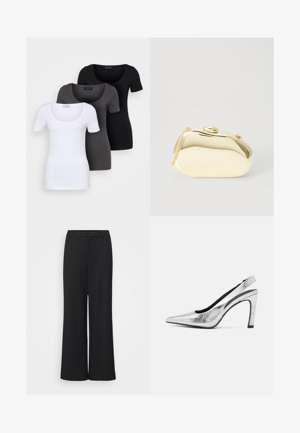 Trys priderinti marškiniai: balti, pilki ir juodi. Kiekvienas turi plačią apvalią iškirptę ir trumpas rankoves. Pagaminti iš lygaus, tamprių audinio.; Juodos plačios kelnės su baltomis juostelėmis, pagamintos iš lygios medžiagos, turinčios plokščią liemenį ir pritaikytą dizainą, užtikrinantį struktūrizuoto prisitaikymo efektą.; Šviesiai sidabriniai slingback bateliai su smailiu nosiu, tekstūruotu metaliniu paviršiumi, aukštu blokuočiu kulnu ir išpjova šone, suteikiančia elegantišką išvaizdą.; Metalinis auksinis rankinukas su glotnia, suapvalinta forma, turintis viršutinį mygtuko užsegimą ir mažą grandinėlės dirželį nešiojimui.; Juodos dervos apyrankė su lygiu, blizgančiu paviršiumi ir apvaliais kraštais. Viduje yra mažas auksinis "Pilgrim" logotipas.