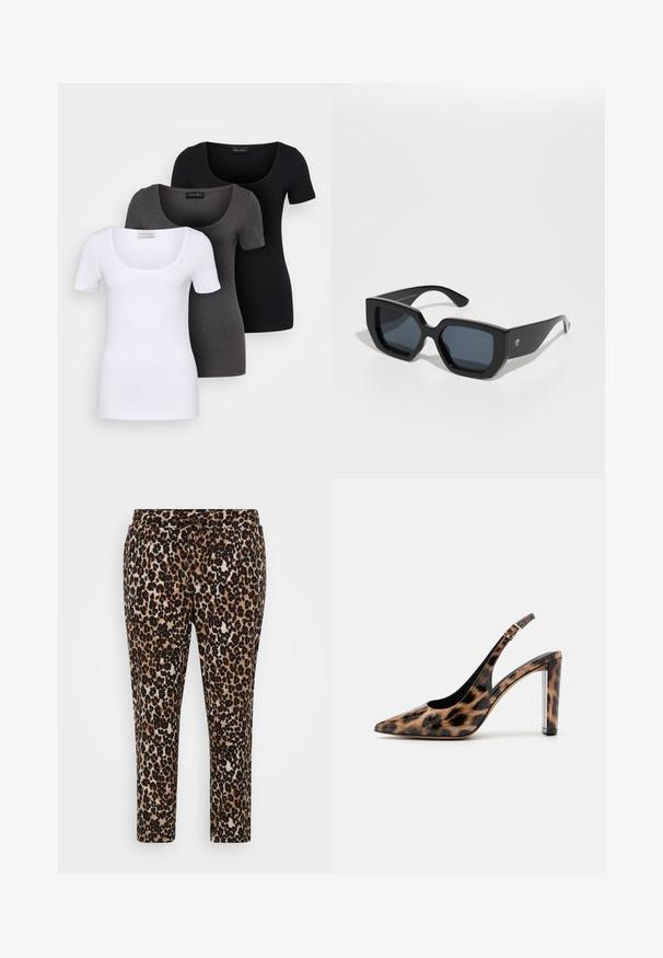 Trois T-shirts ajustés en blanc, gris et noir. Chacun présente un décolleté large et des manches courtes. Fabriqués en tissu lisse et extensible.; Pantalons imprimés léopard en tissu doux et texturé, avec une taille élastique et un cordon de serrage, et une coupe droite avec une longueur raccourcie.; Escarpin à dos nu en imprimé léopard avec un bout pointu et un talon bloc transparent. Fabriqué en matériau brillant avec une texture lisse.; Lunettes de soleil noires surdimensionnées avec un design géométrique, des verres rectangulaires et une finition brillante. Pas de marquage visible à l'avant.