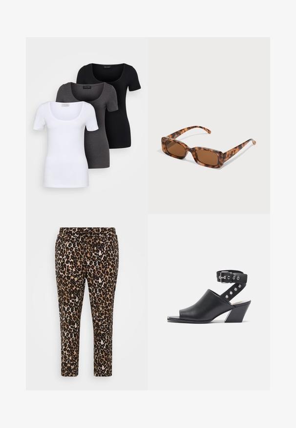 Drei figurbetonte T-Shirts in Weiß, Grau und Schwarz. Jedes hat einen weiten Rundhalsausschnitt und kurze Ärmel. Hergestellt aus glattem, elastischem Stoff.; Leopardmuster-Hosen aus einem weichen, strukturierten Stoff, mit elastischem Bund und Kordelzug sowie geradem Schnitt in verkürzter Länge.; Schwarze offene Zehen Sandalette aus Leder mit Fesselriemen, ausgestattet mit einer Schnallenverschluss und silbernen Nietenakzenten am Riemen, mit Blockabsatz.; Schildpattsonnenbrille mit rechteckigen, braunen Gläsern, einem dicken Rahmen und schmalen Bügeln, die ein Muster aus verschiedenen Brauntönen aufweisen.