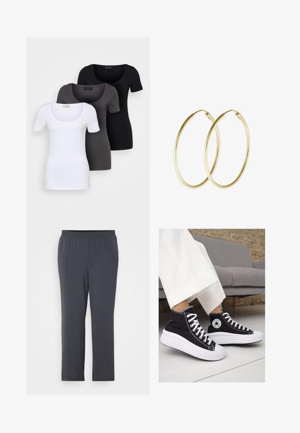 Tri fitted T-shirtovi u bijeloj, sivoj i crnoj boji. Svaki ima široki izrez na vratu i kratke rukave. Napravljen od glatkoga, rastezljivog materijala.; Tamno sivi hlače s elastikom u pojasu, izrađene od teksturirane tkanine. Ravnog kroja s glatkom završnom obradom i bez vidljivih ukrasa.; Crne platnene visoke tenisice s bijelim gumiranim potplatima i vezicama. Imaju kružni logo sa strane i kontrastne bijele šavove.; Zlatne kružne naušnice s glatkim, zaobljenim dizajnom i sjajnom završnom obradom. Lagana konstrukcija s sigurnim kopčanjem.