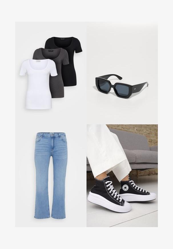 Trei tricouri ajustate, în alb, gri și negru. Fiecare are un decolteu larg în formă de cerc și mâneci scurte. Fabricate dintr-un material neted și elastic.; Blugi evazați din denim albastru deschis, cu un design standard cu cinci buzunare, ușoară decolorare și fermoar cu închidere cu buton.; Adidași negri înalți cu tălpi și șireturi albe din cauciuc. Prezintă o pată logo rotundă și cusături albe contrastante. Material din pânză.; Ochelari de soare de mari dimensiuni, negri, cu un design geometric, lentile rectangulare și finisaj lucios. Fără branding vizibil pe față.