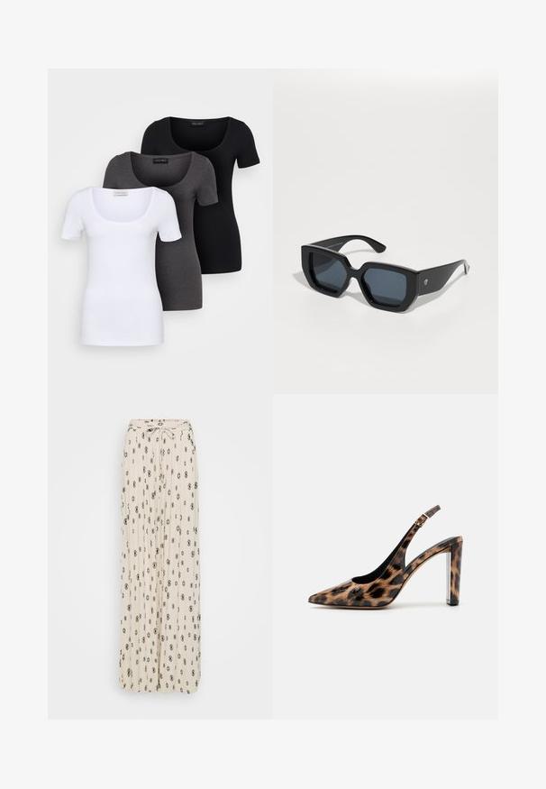 Tre figurerte T-skjorter i hvit, grå og svart. Hver har en bred scoop-nakke og korte ermer. Laget av glatt, elastisk stoff.; Kremfarget maxiskjørt med svarte diamant- og blomster mønstre, plisserte stoffer, knytedetalj i livet og flytende design.; Leopardmønstret slingback pumpsko med spidse tæer og gennemsigtig blokhæl. Lavet af glossy materiale med en glat tekstur.; Svart oversized solbriller med geometrisk design, rektangulære linser og blank overflate. Ingen synlig merkevare på forsiden.