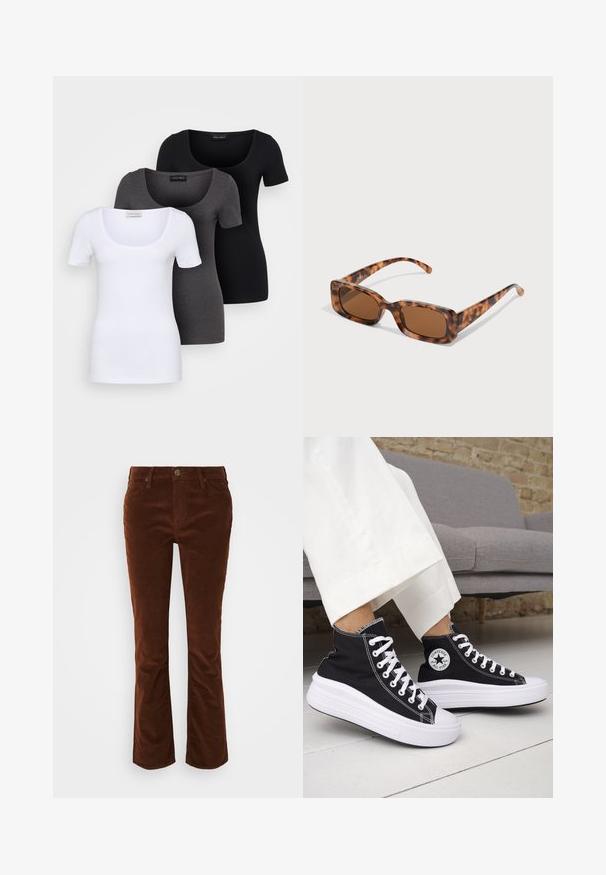 Tre figurerte T-skjorter i hvit, grå og svart. Hver har en bred scoop-nakke og korte ermer. Laget av glatt, elastisk stoff.; Brune kordfløyelsbukser med slippkant og glidelås, med en glatt tekstur og standard femlommers design.; Svarte høye sneakers med hvite gummisåler og lisser. Har et rundt logo-merke og kontrasterende hvite sømmer. Laget av lerret.; Skilpadde-solbriller med rektangulære brune linser, en tykk ramme og smale stenger som har et mønster av varierende nyanser av brunt.