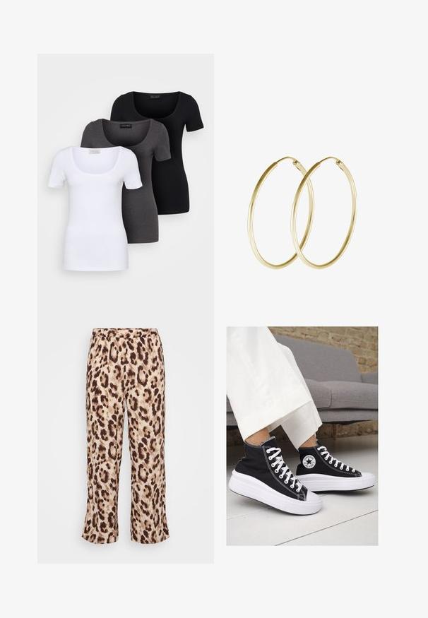 Drei figurbetonte T-Shirts in Weiß, Grau und Schwarz. Jedes hat einen weiten Rundhalsausschnitt und kurze Ärmel. Hergestellt aus glattem, elastischem Stoff.; Leopardenprint-Hosen mit einem elastischen Bund, die eine Mischung aus Beigetönen und Brauntönen aufweisen. Der Stoff hat eine glatte Textur; Design mit verkürztem Bein.; Schwarze Canvas-Hochtop-Sneakers mit weißen Gummisohlen und Schnürsenkeln. Mit einem runden Logo an der Seite und kontrastierendem weißen Nähten.; Goldene Creolen mit einem glatten, abgerundeten Design und einem glänzenden Finish. Leichte Bauweise mit einem sicheren Verschluss.