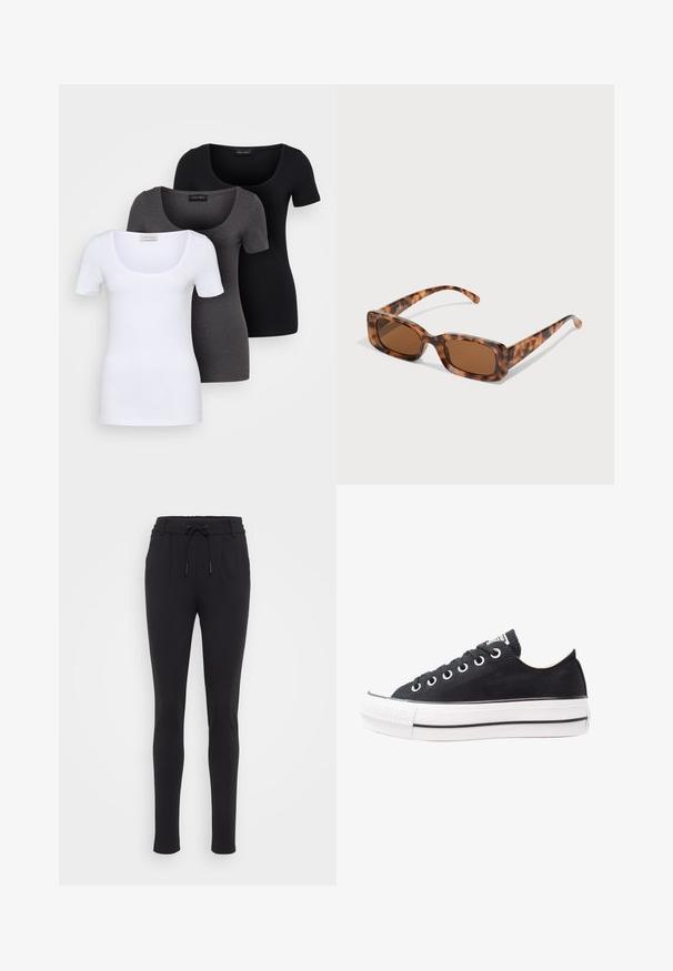 Tri fitted T-shirtovi u bijeloj, sivoj i crnoj boji. Svaki ima široki izrez na vratu i kratke rukave. Napravljen od glatkoga, rastezljivog materijala.; Crne, sužene trenirke napravljene od mekanog, rastezljivog materijala. Imaju elastični pojas s podešavanjem i bočne džepove. Glatka tekstura.; Crne platnene tenisice s bijelim gumenim potplatom, okruglim vrhom, niskim dizajnom, metalnim rupicama i teksturiranim vrhom. Tanka crna pruga uz potplat.; Naočale u obliku tortoiseshella s pravokutnim smeškim lećama, debelim okvirom i tankim nogicama koje imaju uzorak od različitih nijansi smeđe boje.