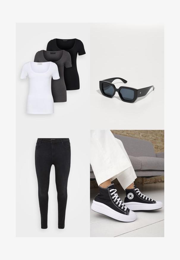 Három szűkített T-póló fehér, szürke és fekete színben. Mindegyik széles, kerek nyakkal és rövid ujjakkal rendelkezik. Simább, elasztikus anyagból készült.; Fekete skinny farmernadrág, klasszikus ötpocket mintázattal és karcsú fazonnal. Simaszövet, minimális varrási részletekkel.; Fekete magas szárú tornacipők fehér gumitalppal és fűzővel. Kör alakú logófolttal és kontrasztos fehér varrással. Vászon anyagból.; Fekete, oversized napszemüveg geometrikus mintával, téglalap alakú lencsékkel és fényes felülettel. Az elülső részén nincs látható márkajelzés.