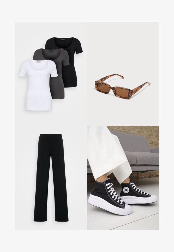 Three fitted T-shirts in white, gray, and black. Each features a wide scoop neckline and short sleeves. Made from smooth, stretchy fabric.; Vero Moda Tall VMBERLIN ZAMIRA WIDE - Trousers - black; Black high-top sneakers with white rubber soles and laces. Features a round logo patch and contrasting white stitching. Canvas material.; Tortoiseshell sunglasses with rectangular brown lenses, a thick frame, and slim arms featuring a pattern of varying shades of brown.