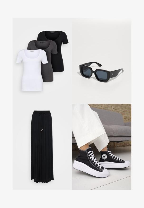 Kolm mugavat T-särki valges, hallis ja mustas värvitoonis. Igal särgil on lai madal kaelus ja lühikesed varrukad. Valmistatud siledast, venivast kangast.; Mustrist mustriga maksikleidi, mis on varustatud stringiga vöökoht, valmistatud kergest kangast, millel on kuldsed detailid stringi otstest.; Mustad kõrge säärega tossud valgete kummist tallade ja paeltega. Omad ümmargust logomärki ja kontrastset valget õmblust. Materjaliks lõuend.; Mustad ümmargused prillid, millel on geomeetriline disain, ristküliku kuju läätsed ja läikiv viimistlus. Ees pole nähtavat brändingut.