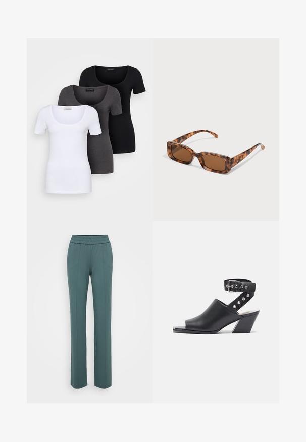 Tričko v bielej, šedej a čiernej farbe s priliehavým strihom. Každé má široký výstrih a krátke rukávy. Vyrobené z hladkej, elastickej tkaniny.; Tyrkysové nohavice s elastickým pásom a rovnou nohavicou, s vertikálnymi švami na prednej strane a hladkou, jemnou textúrou látky.; Čierne kožené sandále s otvorenou špičkou a podpätkom, s remienkom na členku, zdobené prackou a striebornými cvočkami na remienku, s blokovým podpätkom.; Rámik slnečných okuliarov z korytnačiny s obdĺžnikovými hnedými sklami, hrubým rámom a štíhlymi stranicami so vzorom rôznych odtieňov hnedej.