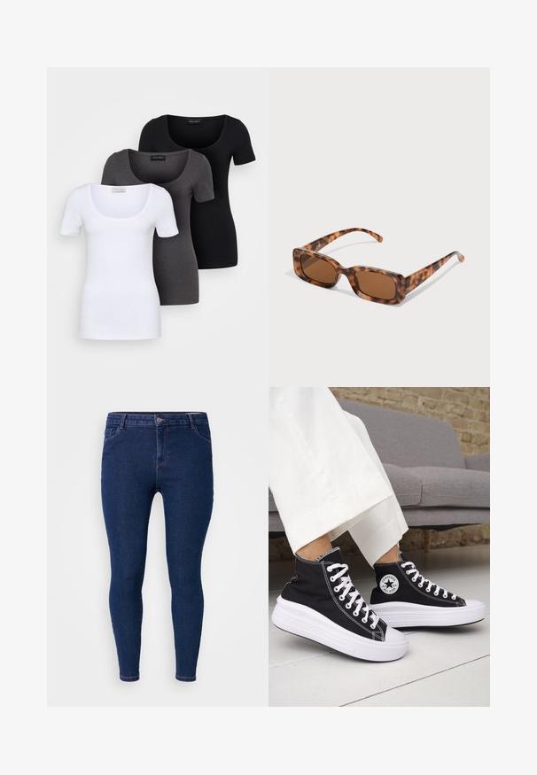 Tri prilegla majica v beli, sivi in črni barvi. Vsaka ima širok izrez na vratu in kratke rokave. Narejene so iz gladkega, raztegljivega materiala.; Temno modri ozki džins hlače iz denima, z klasičnim petim žepnim dizajnom, standardnim pasom in oprijetim krojem.; Črni visoki supergi z belimi gumijastimi podplati in vezalkami. Na njih je okrogel logotip in kontrastno belo šivanje. Iz blaga platna.; Želve sunčane naočale s pravokutnim smešnim lećama, debelim okvirom i tankim ručkama s uzorkom različitih nijansi smeđe boje.