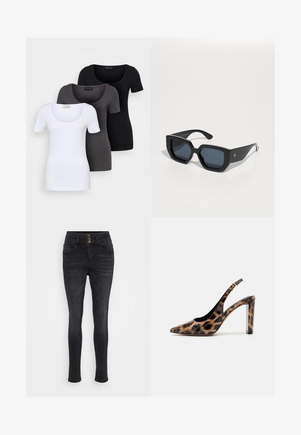 Tres camisetas ajustadas en blanco, gris y negro. Cada una cuenta con un escote amplio y mangas cortas. Están hechas de una tela suave y elástica.; Jeans de mezclilla negra de cintura alta, con tres botones en la parte frontal, dos bolsillos laterales y un ajuste ceñido con un ligero estiramiento.; Zapato de salón con estampado de leopardo y tacón de bloque transparente. Fabricado con material brillante y textura suave.; Gafas de sol negras de gran tamaño con un diseño geométrico, lentes rectangulares y un acabado brillante. Sin marca visible en la parte frontal.