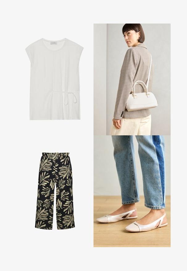 Biała bluzka na krótki rękaw z okrągłym dekoltem i sznurkiem w talii, o gładkiej, miękkiej teksturze.; Spodnie z szerokimi nogawkami i elastycznym paskiem w talii, z czarnym tłem i wzorem liści w kolorze kremowym i miętowozielonym. Teksturowana tkanina.; Jasnoróżowe baleriny na odkrytej pięcie z wąskim noskiem, wykonane z gładkiego materiału imitującego skórę. Posiadają wycięcia po bokach oraz płaski obcas.; Biała torebka o strukturalnym kształcie z krótkimi uchwytami i paskiem na ramię, z złotymi akcentami i teksturowanym materiałem, prezentowana na szarym tle.