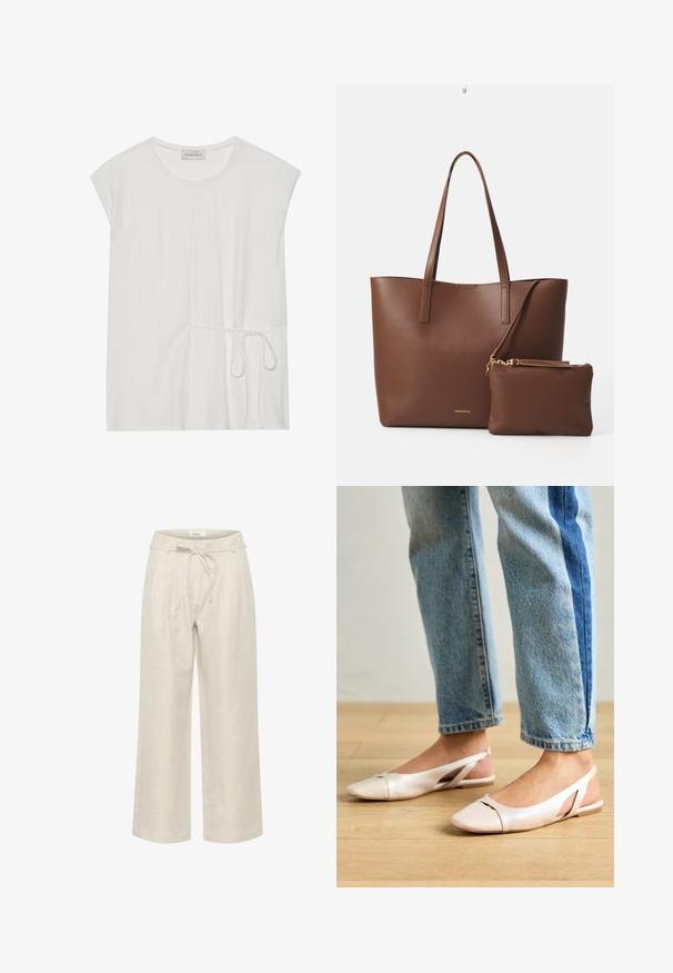 Vit kortärmad topp med rundad halsringning och dragsko vid midjan, med en slät och mjuk yta.; Beiga linnebyxor med vida ben, dragkedja i midjan och framfickor, med en slät textur och ankellång längd.; Ljust rosa slingback-lägenheter med spetsig tå, tillverkade av ett slätt läderliknande material. Har utskurna detaljer på sidorna och en platt häl.; Brun fusk läder tote-väska med två långa handtag och en matchande liten påse. Ytan har ett strukturerat mönster och guldiga detaljer.