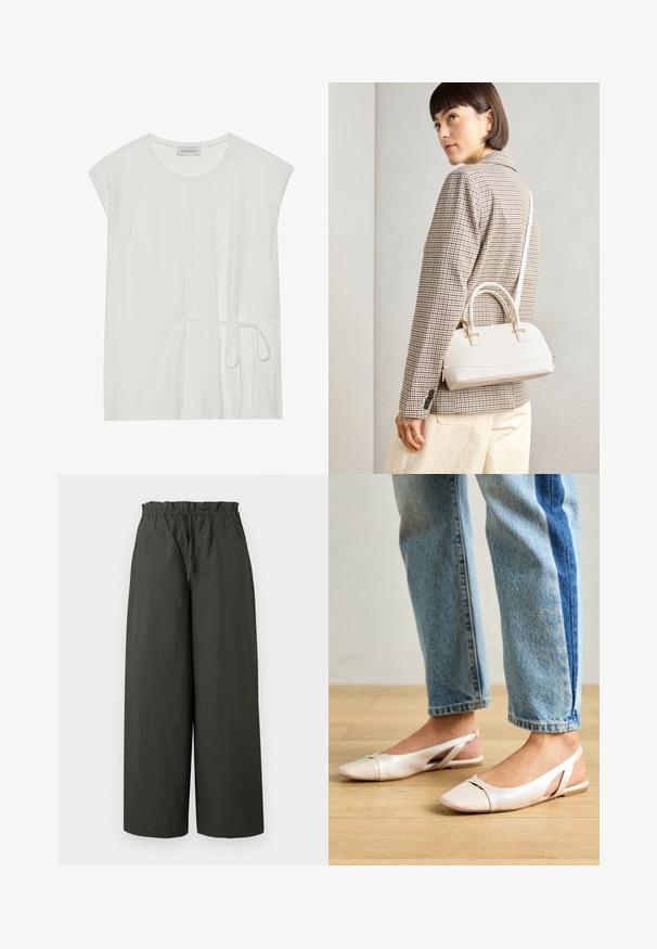 Vit kortärmad topp med rundad halsringning och dragsko vid midjan, med en slät och mjuk yta.; Breda byxor i mörkgrön tyg, med resårmidja och slät textur, utan synlig hårdvara eller mönster.; Ljust rosa slingback-lägenheter med spetsig tå, tillverkade av ett slätt läderliknande material. Har utskurna detaljer på sidorna och en platt häl.; Vitt strukturerat handväska med korta handtag och en axelrem, med gyllene detaljer och texturerat material, visad mot en grå bakgrund.