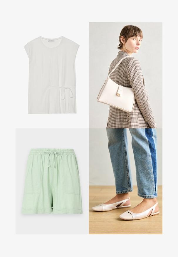 Haut blanc à manches courtes avec un col rond et un détail à cordon à la taille, présentant une texture lisse et douce.; Shorts en mélange de lin vert clair avec une taille élastique, fermeture à cordon, et deux poches avant ; dotés d'un ourlet roulé.; Ballerines slingback rose pâle avec un bout pointu, fabriquées en un matériau semblable au cuir lisse. Présentent des découpes sur les côtés et un talon plat.; Sac à main en cuir blanc au design structuré, doté d'un fermoir magnétique et d'une bandoulière, présenté sur un fond neutre.
