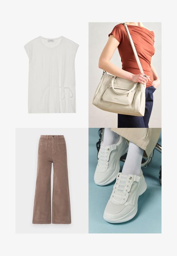 Bela kratka majica s kratkimi rokavi in okroglo ovratnikom ter podrobnostjo z vrvico okoli pasu, ki se ponaša z gladko in mehko teksturo.; Rjave široke hlače iz korduroja z visokim pasom, ki imajo gumbasto zapiranje, dva zadnja žepa in vertikalno rebrasto teksturo.; Bele teniske z mrežastim materialom, gumene podplate, brez vezalk, z elastikami in zlatimi akcenti.; Bela usnjena torba z dvema ročkama in odstranljivo naramnico, ki ima sprednji žep na zadrgo in gladko teksturo. Nositi jo na osebi na roki.