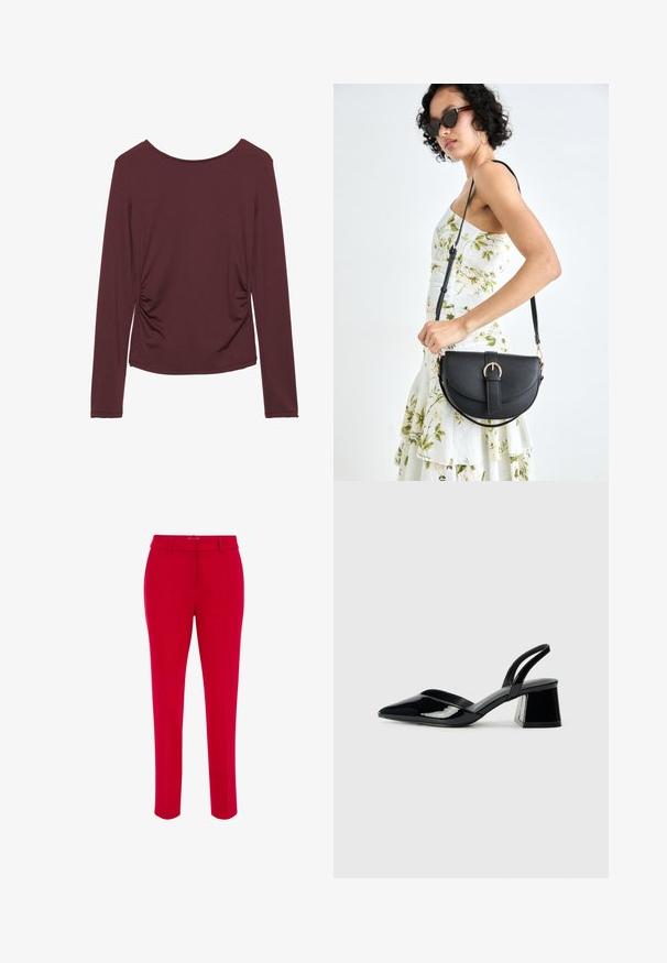 Bluză cu mâneci lungi de culoare vișinie, confecționată dintr-un material moale, având detalii cu striație pe laterale, un guler rotund și o siluetă ajustată. Textură netedă, fără modele vizibile.; WE Fashion SLIM FIT - Pantaloni chino - red; Pantofi cu toc slingback din piele lacuită neagră, cu vârf ascuțit și toc geometric. Prezintă un design elegant, minimalist și o textură netedă.; Geantă din piele neagră, cu o formă curbată, curea detașabilă și accesorii aurii. Geanta are un capac cu un detaliu tip cataramă.
