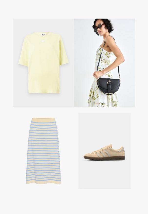 Lichtgele Adidas T-shirt met korte mouwen en een klein wit trefoil-logo in het midden nabij de hals.; Gestreepte midi-rok van zachte katoen met een lichtgele basis en blauwe horizontale strepen. Beschikt over een geribde elastische tailleband.; Beige suède sneaker met drie zilveren strepen, platte bruine rubberen zool, ronde neus en minimalistisch ontwerp.; Zwarte leren handtas met een gebogen vorm, afneembare schouderband en gouden hardware. De tas heeft een klep met een gespsluiting.