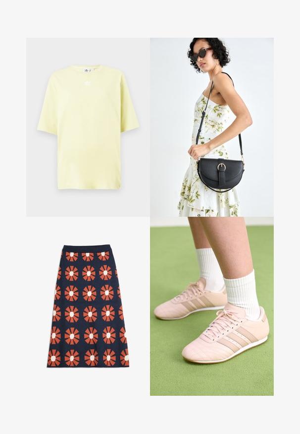 Ljusgul Adidas T-shirt med korta ärmar och liten vit trefoil-logga i mitten nära halslinningen.; Marinblå A-linje kjol med upprepande orange geometriska blomstermotiv som har vita mittpunkter och ett enhetligt midjeband.; Ljusrosa sportskor med diagonala sömmar, vita sulor och tre sidostrikar. Bärs tillsammans med ribbade vita strumpor på grön yta.; Svart läderhandväska med en böjd form, avtagbar rem och guldiga detaljer. Väskan har ett lock med en spänndetalj.