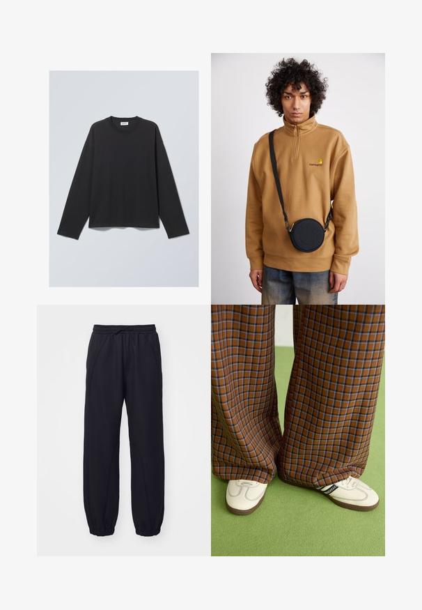Fekete, hosszú ujjú póló, puha anyagból. Kerek nyakú, lazán illeszkedő fazonnal. Vállon varrási részletekkel, minimalista dizájnnal.; Fekete melegítőnadrág, puha anyagból készült, rugalmas derékkal, zsinórral, szegélyezett szárakkal és díszvarrásokkal.; Barna és kék kockás, bőrt lábú nadrág, fehér cipővel, fekete részletekkel és texturált talppal, zöld háttér előtt.; Barna negyedzipzáras polárpulóver hímzett logóval, amelyet egy fekete, cipzáras, logós részlettel ellátott keresztpántos táska alatt viselnek farmernadrág felett.