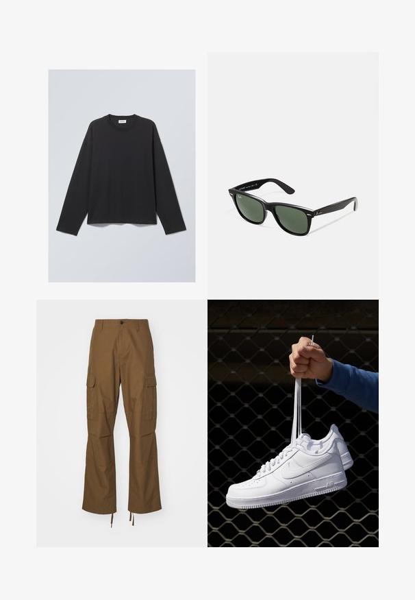 Fekete, hosszú ujjú póló, puha anyagból. Kerek nyakú, lazán illeszkedő fazonnal. Vállon varrási részletekkel, minimalista dizájnnal.; Barna cargo nadrág textúrált anyagból, egyenes lábú kialakítással, oldalsó zsebekkel és állítható derékkötőkkel.; Fehér bőr sportcipők perforációval, kerek orral, lapos talppal és vastag fűzőkkel, látható swoosh logóval és "AIR" felirattal a sarokrészen.; Fekete műanyag napszemüveg zöld lencsékkel, négyzet alakú kerettel, ezüst díszítéssel a keret felső részén, valamint texturált szárakkal. A márka neve a belső száron található.