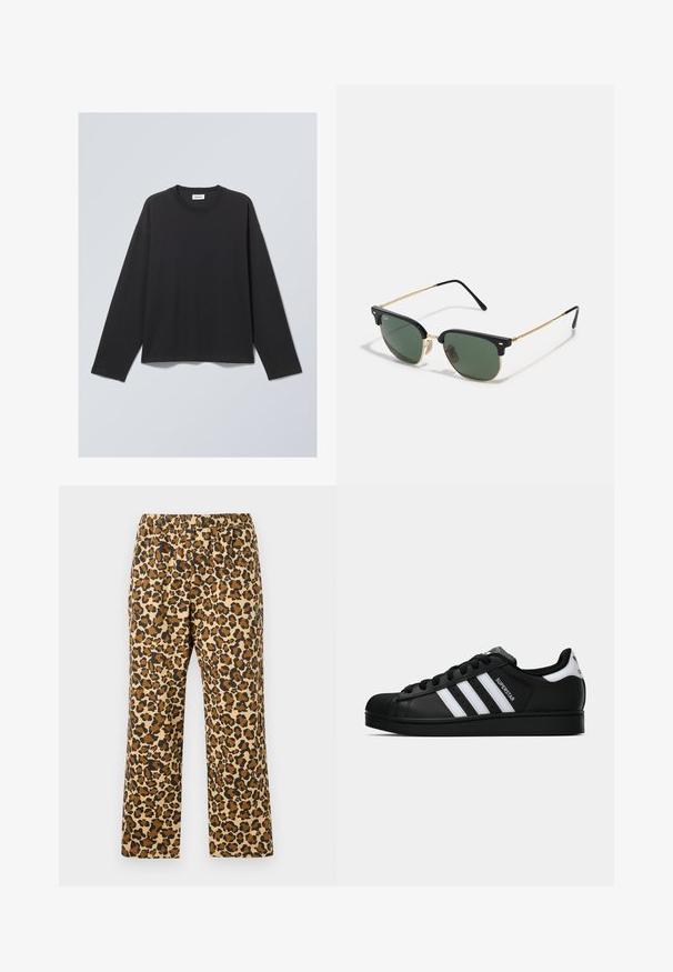 Musta pitkähihaine T-paita, joka on valmistettu pehmeästä kankaasta. Tässä on pyöreä kaula-aukko ja rento malli. Olkapäissä on sauman yksityiskohtia, minimalistinen muotoilu.; Leopardi-kuosiset housut sävyissä ruskea, beige ja musta. Varustettu joustavalla vyötärönauhalla ja rentoa, suoraa lahjetta. Kevyt kangas.; Musta Adidas Superstar -lenkkari, jossa on valkoiset raidat, kuorisuoja ja "Superstar"-teksti sivussa, esitetty sivuprofiilissa valkoista taustaa vasten.; Aurinkolasit, joissa on vihreät linssit, musta muovinen ylärunko, kultaiset metallikoristeet ja hoikat mustat tempurat. Varustettu omalaatuisella silta-muotoilulla.