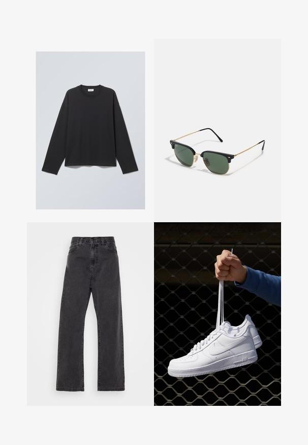 Črna dolgoročna majica s kratkimi rokavi, izdelana iz mehkega materiala. Ima krožno izrez in sproščen kroj. Šivi na ramenih, minimalističen dizajn.; Črne jeans hlače z ravnim krojem, visokim pasom in klasičnim petim žepnim stilom. Imajo čist zaključek in trpežno šivanje.; Bela usnjena športna obutev s perforacijami, okroglo konico, ravnim podplatom in debelimi vezalkami, z vidnim logotipom smoosh in napisom "AIR" na peti.; Sončna očala z zelenimi lečami, črnimi plastičnimi zgornjimi okvirji, zlatimi kovinskimi detajli in tankimi črnimi ročaji. Imajo edinstveno obliko mostu.