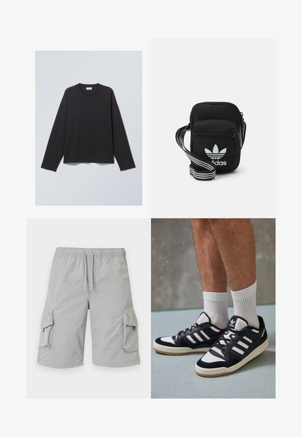 Musta pitkähihaine T-paita, joka on valmistettu pehmeästä kankaasta. Tässä on pyöreä kaula-aukko ja rento malli. Olkapäissä on sauman yksityiskohtia, minimalistinen muotoilu.; Vaaleat harmaat cargo-shortsit, joissa on joustava vyötärö, nyörikiinnitys ja kaksi suurta sivutaskua. Sileä, kevytrakenteinen kangas.; Valkoiset ja mustat tennarit, joissa on mokkanahka- ja nahkapäällinen, kolme valkoista raitaa, rei'itetty kärki ja kumipohja.; Musta kangas olkalaukku vetoketjulla, jossa on valkoinen Adidas-logo ja raidallinen säädettävä hihna helppoa kantamista varten.