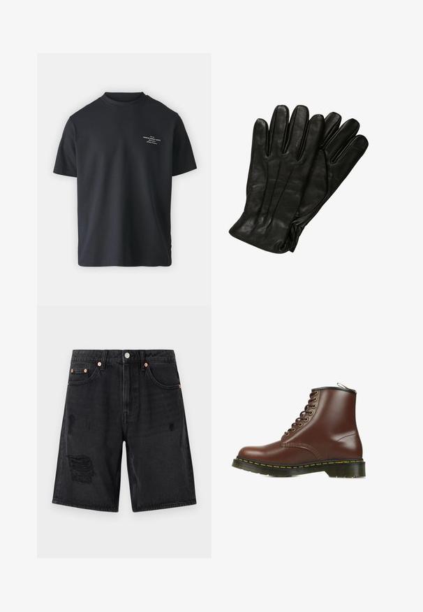 Black cotton t-shirt with a crew neck, short sleeves, and a small white text print on the front, featuring a relaxed fit and smooth texture.; Black denim shorts with distressed details, five-pocket design, and copper-tone hardware. The fabric has a smooth texture.; Brown leather ankle boot with a round toe, featuring black accents, gold eyelets, and a yellow stitching detail along the sole.; Black leather gloves with a smooth texture, five fingers, and subtle stitching details. Classic design, suitable for cold weather use.