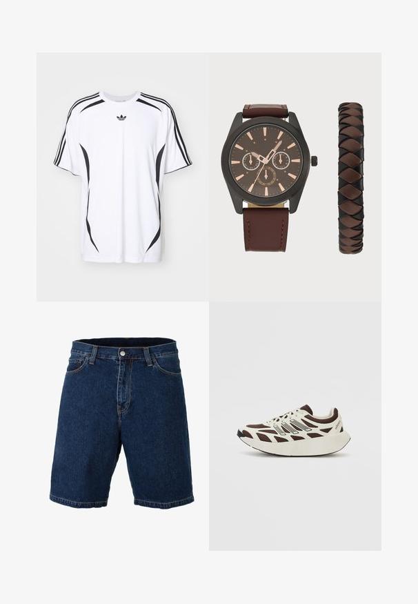 Valge lühikeste varrukate ja mustade küljeakendega t-särk, mille õlgadel on kolm musta triipu. Rinnal on väike must logo.; Tumed sinised teksajortsid sirge lõike, tavalise vöökoha ja metallnupuga kinnituse; eristub kontrastsetest kollastest õmblustest ja äärtest.; Pruun ja kreemikas tennis, millel on võrkmaterjalist ülaserv, tekstuuriga ülekattega ja ümar paks valge tald. Omab madalat keelt ja paelu.; Pier One SET - Käekell - black/brown