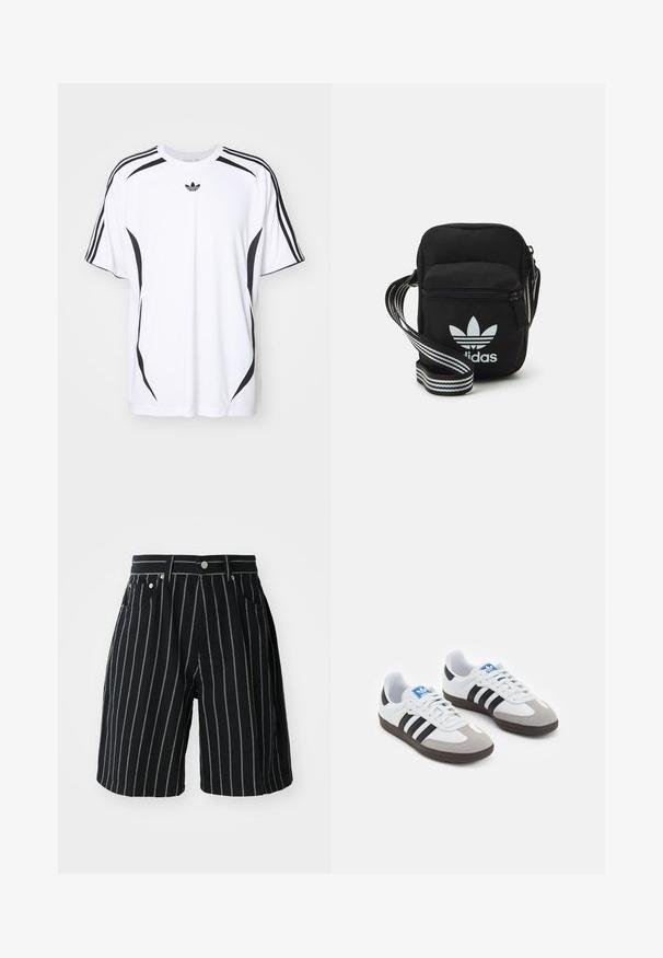 White short-sleeve t-shirt featuring black side accents and three black stripes on shoulders. Includes small black logo on chest.; Black striped shorts made of cotton, featuring contrasting white vertical stripes, a button closure, and front pockets.; Sport shoes with a white leather upper, gray suede toe, and three black stripes. Features a blue logo on the tongue and a textured rubber sole.; Black fabric crossbody bag with a zipper closure, featuring a white Adidas logo and a striped adjustable strap for easy carrying.