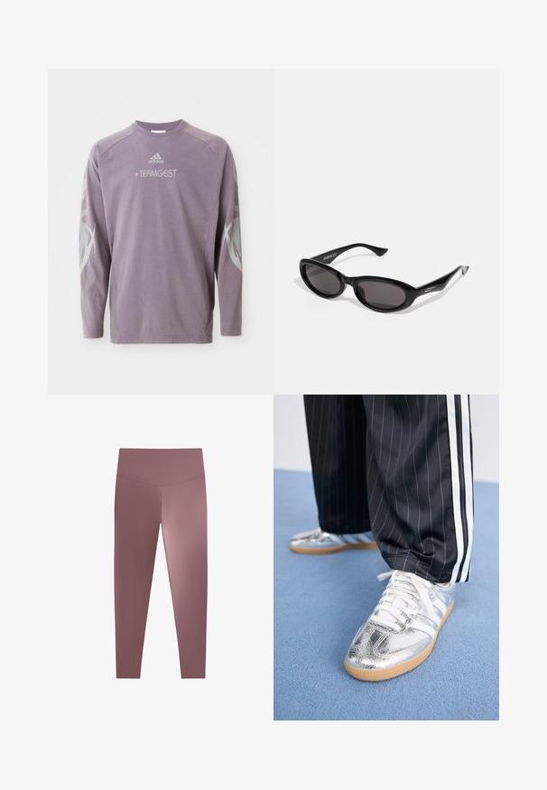 Pulover lung din bumbac, de culoare mov, cu guler rotund, imprimeu "TEAMGEIST" și grafice abstracte gri pe mâneci. Logo-ul Adidas este prezent.; Leggings cu talie înaltă, strânse pe corp, de culoare mauve discret, realizate dintr-un material neted și elastic. Design fără cusături, fără elemente vizibile.; Tenisi metalici argintii cu șireturi albe și trei dungi albe, asortați cu pantaloni negri cu dungi. Accente din cauciuc la bază.; Ochelari de soare negri, în formă ovală, cu lentile întunecate. Rama este dintr-un plastic lucios, elegant, cu vârfuri unghiulare și o marcă subtilă pe armătură.