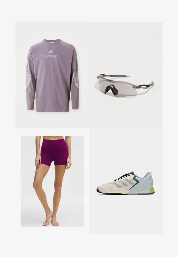 Paarse sweatshirt met lange mouwen, gemaakt van katoen, met een ronde halslijn, "TEAMGEIST" bedrukking en abstracte grijze graphics op de mouwen. Adidas-logo aanwezig.; Hoge taille, paarse sportshorts van rekbaar materiaal, met een gladde textuur en een aansluitend ontwerp, eindigend halverwege de dij.; Lichte atletiekschoenen met een crèmekleurige mesh bovenwerk, grijze strepen, een groene accent en een gestructureerde blauwe hielkap. Zwarte veters.; Zonnebril met een doorschijnend grijze frame, getinte lenzen en een hoekig ontwerp. Heeft een kenmerkend neusstuk en gestructureerde donkergrijze tempels.