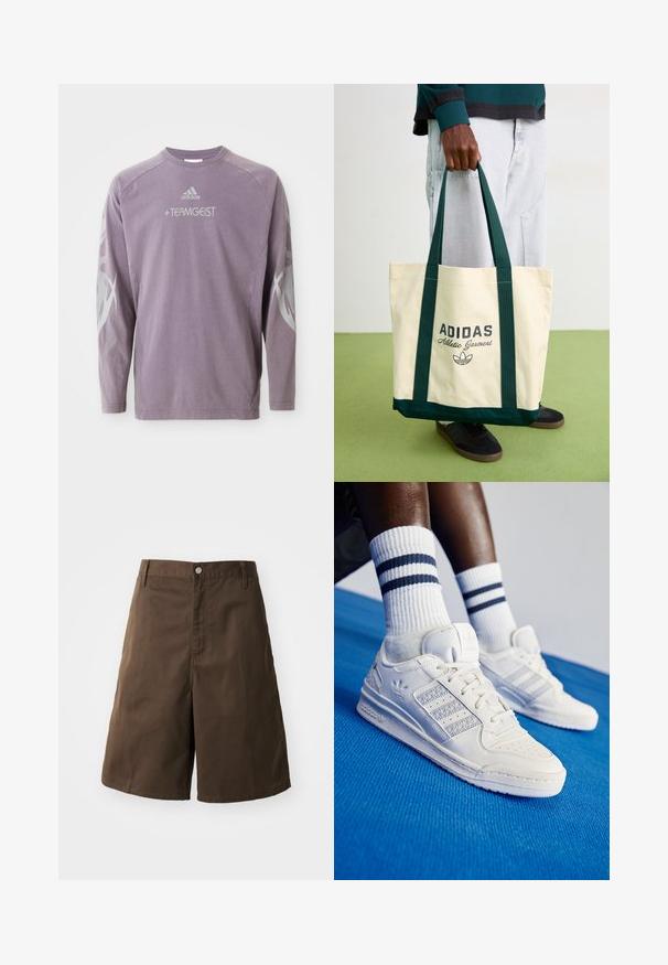 Fioletowy sweatshirt z długim rękawem wykonany z bawełny, z okrągłym dekoltem, nadrukiem "TEAMGEIST" oraz abstrakcyjnymi szarymi grafikami na rękawach. Obecne logo Adidas.; Brązowe bawełniane szorty o prostym kroju, z zapięciem na guziki, paskiem i bez widocznych wzorów czy akcentów.; Białe skórzane trampki z perforowanymi akcentami, trzema metalicznymi paskami i teksturowaną boczną panelą. Noszone z białymi skarpetkami z niebieskimi paskami.; Osoba trzymająca beżową torbę Adidas z ciemnozielonymi uchwytami, ubrana w jasnoszare spodnie i czarne sneakersy na zielonej podłodze.
