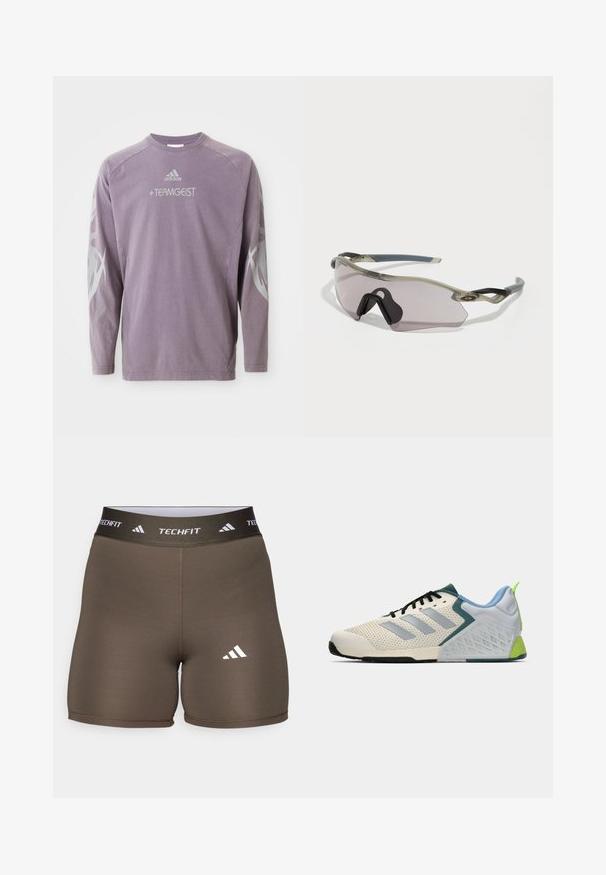 Langærmet lilla sweatshirt lavet af bomuld, med rund halsudskæring, "TEAMGEIST" tryk og abstrakte grå grafik på ærmerne. Adidas-logoet er til stede.; adidas Performance TECHFIT SHORT - Tights - shadow olive; Letvægts sportssko med en cremefarvet mesh-overdel, grå striber, en grøn detalje og en struktureret blå hælkappe. Sorte snørebånd.; Solbriller med en gennemskinnelig grå stel, tonede linser og kantet design. Har en karakteristisk næsestykke og strukturerede mørkegrå tempelarme.