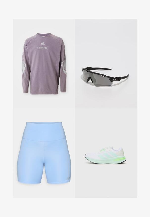 Pitkähihaisen violettipaita, joka on valmistettu puuvillasta. Siinä on pyöreä kaula-aukko, "TEAMGEIST" -teksti ja abstrakteja harmaita grafiikoita hihoissa. Adidas-logo on läsnä.; Vaaleansiniset urheilushortsit, jotka on valmistettu sileästä ja joustavasta kankaasta. Ominaisuuksiin kuuluu korkea vyötärö ja pieni logo oikeassa alakulmassa.; Valkoinen urheilujalkine, jossa on verkkomateriaali yläosa, limenvihreät yksityiskohdat ja musta pohja. Sivussa on kolme raitasuuntausta ja pehmustettu kaulus.; Mustat urheilulasit, joissa on tyylikäs muotoilu, ympäröivä linssi, harmaan sävyinen linssi ja tekstuuriset mustat rannetukivarret. Ei näkyviä logoja.