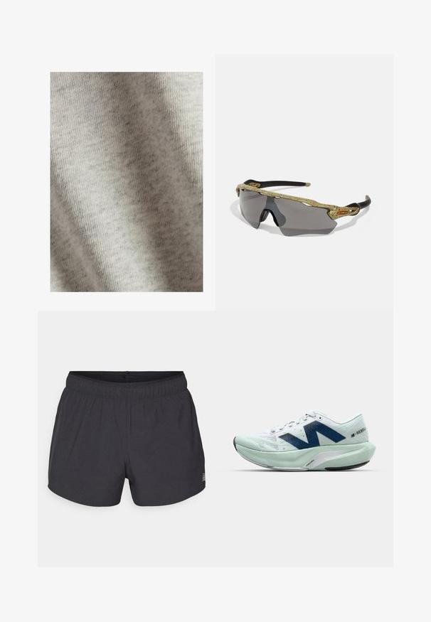 Vaaleanharmaa kangas, jossa on pehmeä rakenne ja hienovarainen marmorikuvio. Materiaali näyttää joustavalta ja kevyeltä. Ei näkyviä metalliosia tai yksityiskohtia.; Mustat urheilushortsit, jotka on valmistettu hengittävästä kankaasta, joustavalla vyötärönauhalla, ja joissa on hillitty rei'itetty tekstuuri sekä pieni logo-tyyli.; Kevyt lenkkari valkoisena ja vaalean mintun värisenä, jossa on sinisiä yksityiskohtia, teksturoitu verkko-osa ja pehmustettu pohja, jossa on korostettu kantapää.; Urheilusilmälasit vihreällä kuviotetulla kehyksellä, mustilla varsilla ja harmailla linsseillä. Muotoilu sisältää ympärivuotisen tyylin, jossa on rohkea ja urheilullinen muoto.